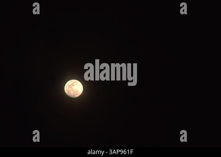 Gelber Vollmond bedeckt durch Wolke, die auf dem Himmel im nächtlichen Hintergrund schwimmt Stockfoto