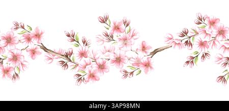 Rosafarbene Mandelblüten auf nahtlosem Rand des Zweiges. Handgezeichneter horizontaler Rahmen aus Sakura oder Kirschblüte. Isolierte Illustration mit Blumenmuster Stockfoto