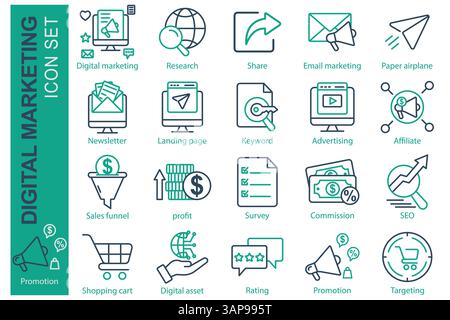 Symbolsatz für digitales Marketing. Liniensymbolstil. Mit Icon Warenkorb, Werbung, Gewinn und mehr. Vektorillustration für Geschäftselemente Stock Vektor