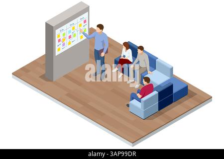 Isometrische Vektordarstellung eines Teams in einem Coworking Space, das Aufgaben mithilfe eines Kanban-Boards diskutiert. Projektverfolgung, agiler Workflow, Remote-Team Stock Vektor