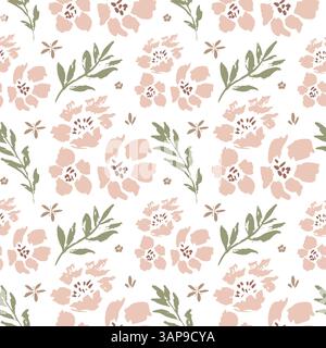 Nahtloses Muster des weichen Vektors mit großen rosa Blumen und Blättern auf weißem Hintergrund. Handgezeichnet im Doodle-Stil. Ideal für Textilien, Hintergrund Stock Vektor
