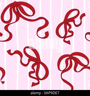 Nahtloses Coquette-Muster, Rotes Band, Schleife. Hübsche mädchenhafte Bögen auf rosa gestreiftem Hintergrund. Trendige feminine romantische Kunst für Grußkarten, Textil, Stoff, Tapeten, Verpackung. Vektorabbildung. Stock Vektor