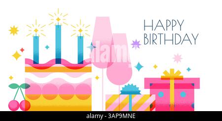 Happy Birthday-Grußkarte mit mehrlagigem Kuchen, Geschenken, Champagner. Geometrische Vektorabbildung isoliert auf weißem Hintergrund. Feiertagsfeier Stock Vektor