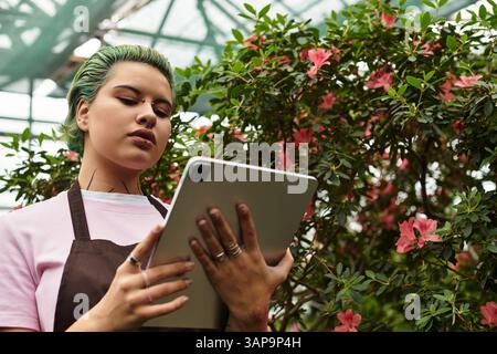 Eine junge Frau mit grünen Haaren konzentriert sich auf ihre Tablette in einem bunten Gewächshaus voller Blumen. Stockfoto