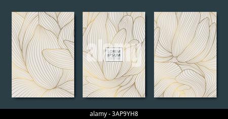 Vektor-Satz von floralen goldenen Linie wellenförmige Abdeckungen, japanische Luxusblätter und Blumen Ornament. Asiatischer Frühlingshintergrund, Begrüßungsmuster. Stock Vektor