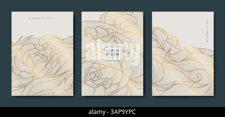 Vektor-Satz von floralen goldenen Linie wellenförmige Abdeckungen, japanische Luxusblätter und Blumen Ornament. Asiatischer Frühlingshintergrund, Begrüßungsmuster. Stock Vektor