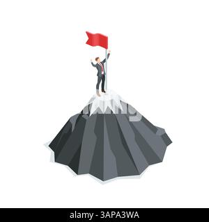 Isometrischer Vektor-Geschäftsmann mit schwenkender Flagge auf dem Berg, in Farbe auf weißem Hintergrund, Ziel oder Erfolg erreicht Stock Vektor