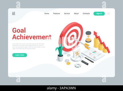 Isometrische Vektorlandung, Ziel mit Pfeil in der Mitte und Münzkarte mit Pfeil sowie Lupe und Sanduhr in Spalte Stock Vektor