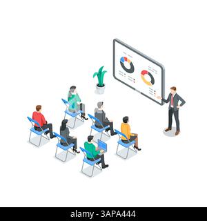 Isometrie Vektor-Geschäftsleute bei einer Präsentation oder einem Kurs, in Farbe auf weißem Hintergrund, im Büro oder in Geschäftsschulungen Stock Vektor