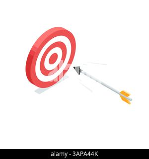 Der isometrische Vektorpfeil fliegt zum Ziel, in Farbe auf weißem Hintergrund, Erfolg im Geschäft oder Erreichen eines Ziels Stock Vektor