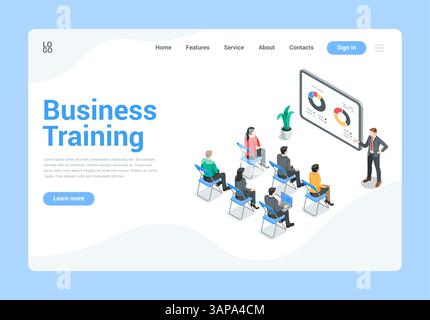 Isometrische Vektorlandung, Geschäftsleute bei einer Präsentation oder einem Kurs, in Farbe auf weißem Hintergrund, Büroarbeit oder Geschäftsschulung Stock Vektor