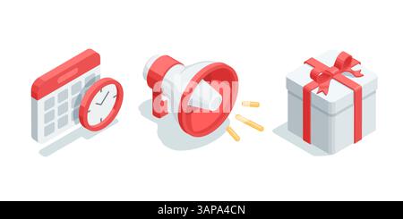 Isometrischer Vektorkalender mit Uhr und Lautsprecher und Geschenkbox, in Farbe auf weißem Hintergrund, Weihnachtsaktion oder Kundenattraktion Stock Vektor