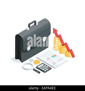 Isometrisches Vektorportfolio und Diagramm von Münzen mit Pfeil nach oben und Statistiken auf einem Blatt Papier, in Farbe auf weißem Hintergrund, Business Stock Vektor