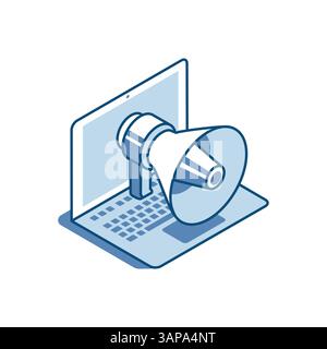 Isometrischer Vektorlautsprecher, lineares Symbol und Laptop, in Farbe auf weißem Hintergrund, Marketing oder Attraktion oder Werbung Stock Vektor