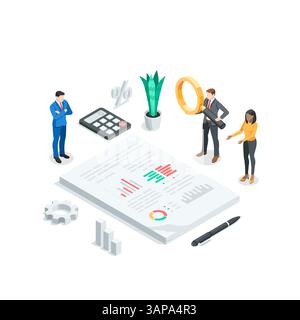 Isometrische Vektor-Geschäftsleute, die Diagramme auf einem Papierbogen analysieren, in Farbe auf weißem Hintergrund, statistische Datenrecherche und professionelles Team W Stock Vektor