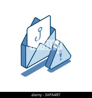 Isometrische Vektorhülle mit Haken und Ausrufezeichen lineares Symbol, in Farbe auf weißem Hintergrund, Phishing oder Virenbedrohung Stock Vektor