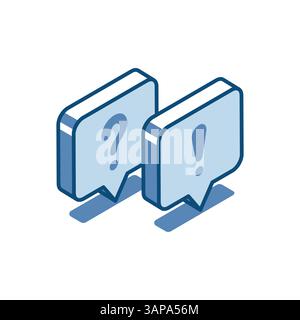 Lineares Symbol der isometrischen Vektorblase mit Ausrufezeichen und Frage, schwarz auf weißem Hintergrund, wichtige Nachricht oder Warnung Stock Vektor