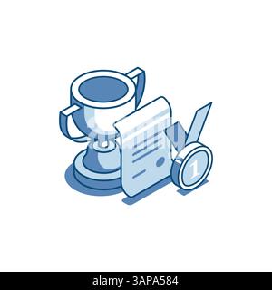 Isometrischer Vektor-Satz von Trophäen mit Diplom- und Medaillen-linearen Symbolen, in Farbe auf weißem Hintergrund, Sieg im Sportwettbewerb oder Erfolg im Busine Stock Vektor