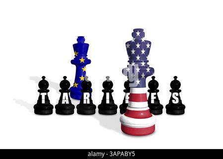 Schach aus USA- und EU-Flaggen. Handel, Zölle, Zölle und Zölle zwischen DEN USA und der EU Stockfoto