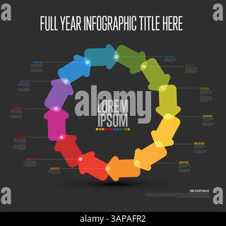 Eine lebendige kreisförmige Infografik mit zwölf mehrfarbigen Pfeilen, die in einem Ring miteinander verbunden sind. Jeder Pfeil enthält Etiketten für Informationen, perfekt für Geschenke Stock Vektor