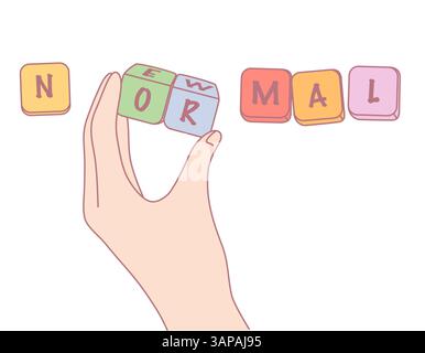 Eine Kinderhand hält helle Rechtschreibblöcke in einer spielerischen Lernumgebung Stock Vektor