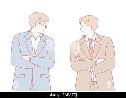 Zwei Geschäftsleute stehen mit überkreuzten Armen, was einen typischen Konflikt darstellt, der oft in professionellen Umgebungen zu beobachten ist Stock Vektor