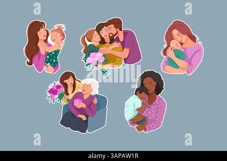 Hand gezeichneter Vektor-Aufkleber für Muttertag mit dunkelhäutiger Mutter mit Kindern, älterer Mutter und liebevollen Familienmomenten im Cartoon-Stil. Vektor Stock Vektor