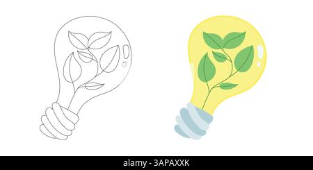 Kreatives Glühlampendesign mit leuchtend grünen Blättern im Inneren, symbolisiert saubere Elektrizität, erneuerbare Energie und botanische Innovation im Energiebereich Stock Vektor
