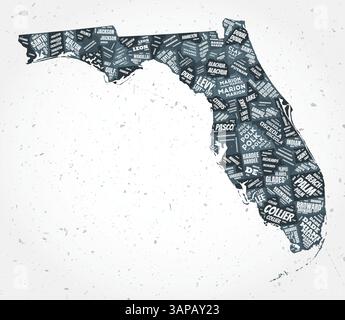Wortwolken in Florida Countys. Geben Sie die Form auf strukturiertem Hintergrund an. Florida-Design im typografischen Stil. Stilvolle Vektorillustration. Stock Vektor