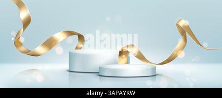 Goldband-Streamer und runde Podeste auf hellblauem Hintergrund. Geschwungene, glänzende Satinstreifen um die Zylindersockel. Luxuriöse Hochglanzfolien und funkelnde Dekorationselemente zur Produktpräsentation. Stock Vektor