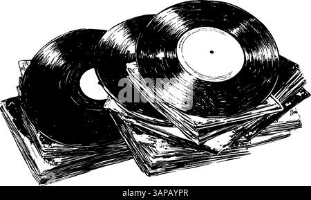 Eine detaillierte Vintage-Illustration zeigt einen Stapel von Schallplatten, die auf mehreren Albumcovern sitzen. Der Holzschnitt unterstreicht die Textur und die Schichten der Kollektion Stock Vektor