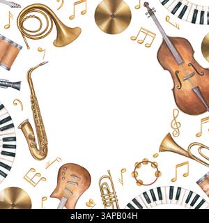 Aquarell-Musikinstrumente, Noten quadratischer Rahmen isoliert Hintergrund. Holzbläser, Saiten, Schlaginstrumente Illustration mit Kopierraum Stockfoto