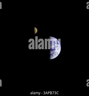 Milky Way Galaxy – DATEI – Erde und Mond in einem einzigen Bild, das erste seiner Art je von einem Raumschiff aufgenommen wurde, wurde am 18. September 1977 von Voyager 1 aufgenommen, als sie 7,25 Millionen Meilen von der Erde entfernt war. Das Raumschiff startete am 20. Juli 1975. Dieses Foto wurde aus drei Bildern gemacht, die durch Farbfilter aufgenommen wurden und dann im Jet Propulsion Laboratory der NASA verarbeitet wurden. Da die Erde um ein Vielfaches heller ist als der Mond, wurde der Mond künstlich aufgehellt, so dass beide Körper deutlich in den Fingerabdrücken zu sehen waren. (Kreditbild: &#169; NASA/ZUMAPRESS.com) Stockfoto
