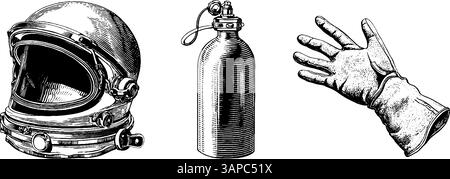 Graviertes Illustrationsset mit Apfelscheibe, ganzer Apfel und Herbstzweig. Stock Vektor