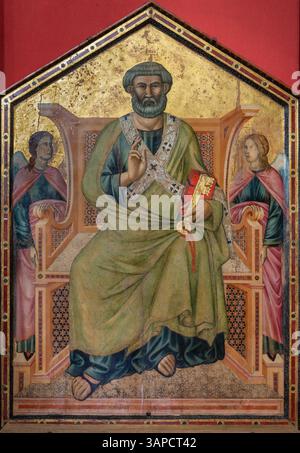 FLORENZ, ITALIEN - 18. MÄRZ 2025: Das mittelalterliche Gemälde von St. Peter in der Kirche Chiesa dei Santi Simone e Giuda von Maestro di Santa Cecilia Stockfoto