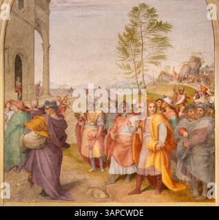 FLORENZ, ITALIEN - 19. MÄRZ 2025: Das Fresko der Reise der Könige in der Kirche Basilica della Santissima Annunziata von Andrea del Sarto Stockfoto