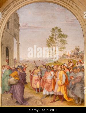 FLORENZ, ITALIEN - 19. MÄRZ 2025: Das Fresko der Reise der Könige in der Kirche Basilica della Santissima Annunziata von Andrea del Sarto Stockfoto