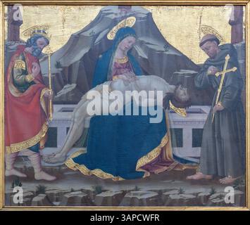 FLORENZ, ITALIEN - 19. MÄRZ 2025: Das Renaissance-Gemälde von Pieta in der Kirche Chiesa San Salvatore al Monte von Neri di Bicci (nach 1475). Stockfoto