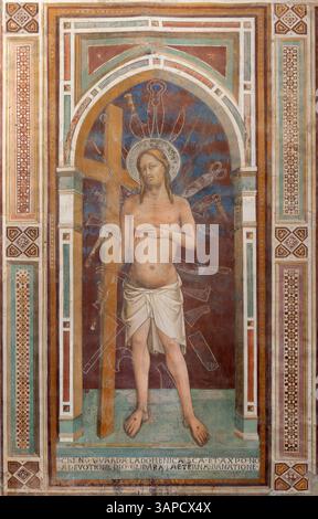 FLORENZ, ITALIEN - 19. MÄRZ 2025: Das mittelalterliche Fresko erweckte Jesus mit dem Korss in der Basilika San Miniato al Monte wieder auf Stockfoto