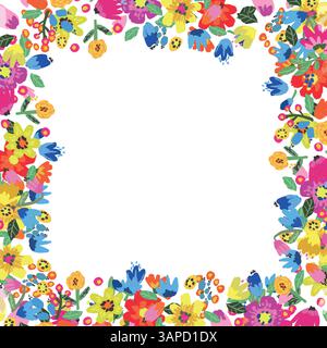 Vektorblütenrahmen. Leuchtende Blumen sind in Form eines quadratischen Rands angeordnet. Sommerbotanische Illustration. Gut für Einladungen und Grußkarten Stock Vektor