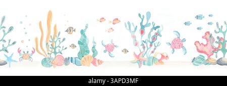 Unterwasserleben nahtlose Grenze. Niedliche Meerestiere und Pflanzen in Pastellfarben. Aquarellillustration im Zeichentrickstil mit Schildkröte, Krabbe, Fisch Stockfoto