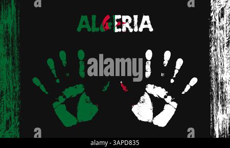 Vektorflagge von Algerien in Form von friedlichen Palmen mit Text und Pinselstrichen auf schwarzem Hintergrund Stock Vektor