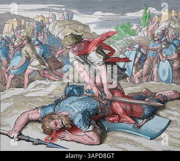 Altes Testament. David tötet Goliath. Das erste Buch Samuel. Illustration von J. Schnorr von Carolsfeld. "Die Bilderbibel", 1852-60. Stockfoto
