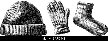 Vintage-Set aus Kajak, Paddel und Schwimmweste mit Gravur für Outdoor-Abenteuer. Stock Vektor