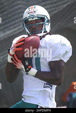 10. August 2011 - DAVIE, FL, USA - der Miami Dolphins Wide Receiver Clyde Gates fährt während des Trainings am Mittwoch, 10. August 2011, in der Trainingseinrichtung des Teams in DAVIE, Florida. (Bild: © C.W. Griffin/Miami Herald/MCT/ZUMAPRESS.com) Stockfoto