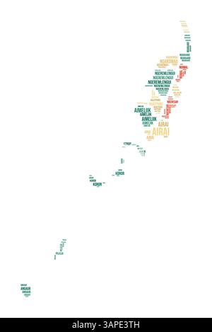 Palau Word Cloud. Länderform mit Gebietseinteilung. Bild im Palau-Typografie-Stil. Bereichsnamen kennzeichnen Wolken. Vektorabbildung. Stock Vektor