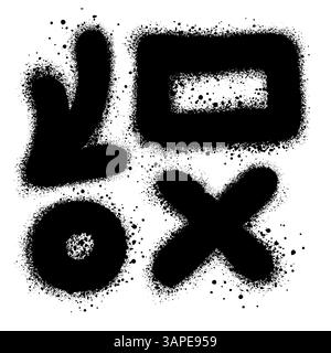 Lackierte Graffiti-Pfeile, Rahmen, Kreis und x-Symbol isoliert mit weißem Hintergrund besprüht. Stock Vektor