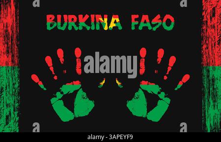 Vektorflagge von Burkina Fasoin in Form von friedlichen Palmen mit Text und Pinselstrichen auf schwarzem Hintergrund Stock Vektor