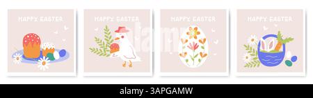 Osterquadrat-Grußkarten, ein festliches Set mit Kuchen, Korb, Kaninchen, Gans, Eiern und Blumen. Weihnachtskarten, niedliche Kinderpostkarten. Vektor-Illustration in abgewickelter Farbe. Stock Vektor