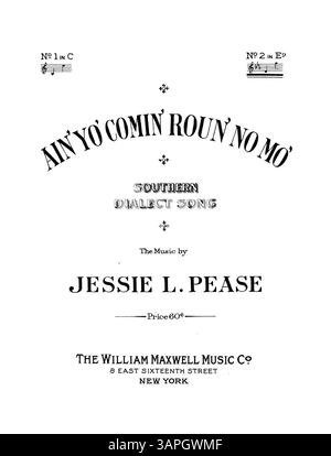 Das Notenblatt für das Lied Ain' Yo' Comin' Roun' No Mo' enthält den Titel in Southern Dialect. Auf der Rückseite sind neue Lieder und Balladen erfolgreicher Komponisten mit der Nummernnummer 907 aufgeführt. Stockfoto